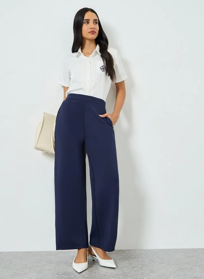 Styli  Navy Blue Straight Fit Scuba Pants for Women | Best Price UAE